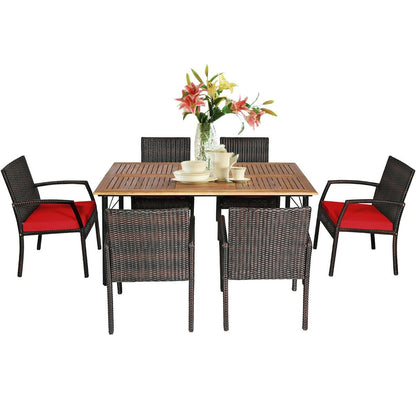 7Pcs Patio Rattan Cushioned Dining Set with Umbrella Hole, Red Patio Dining Sets   at Gallery Canada