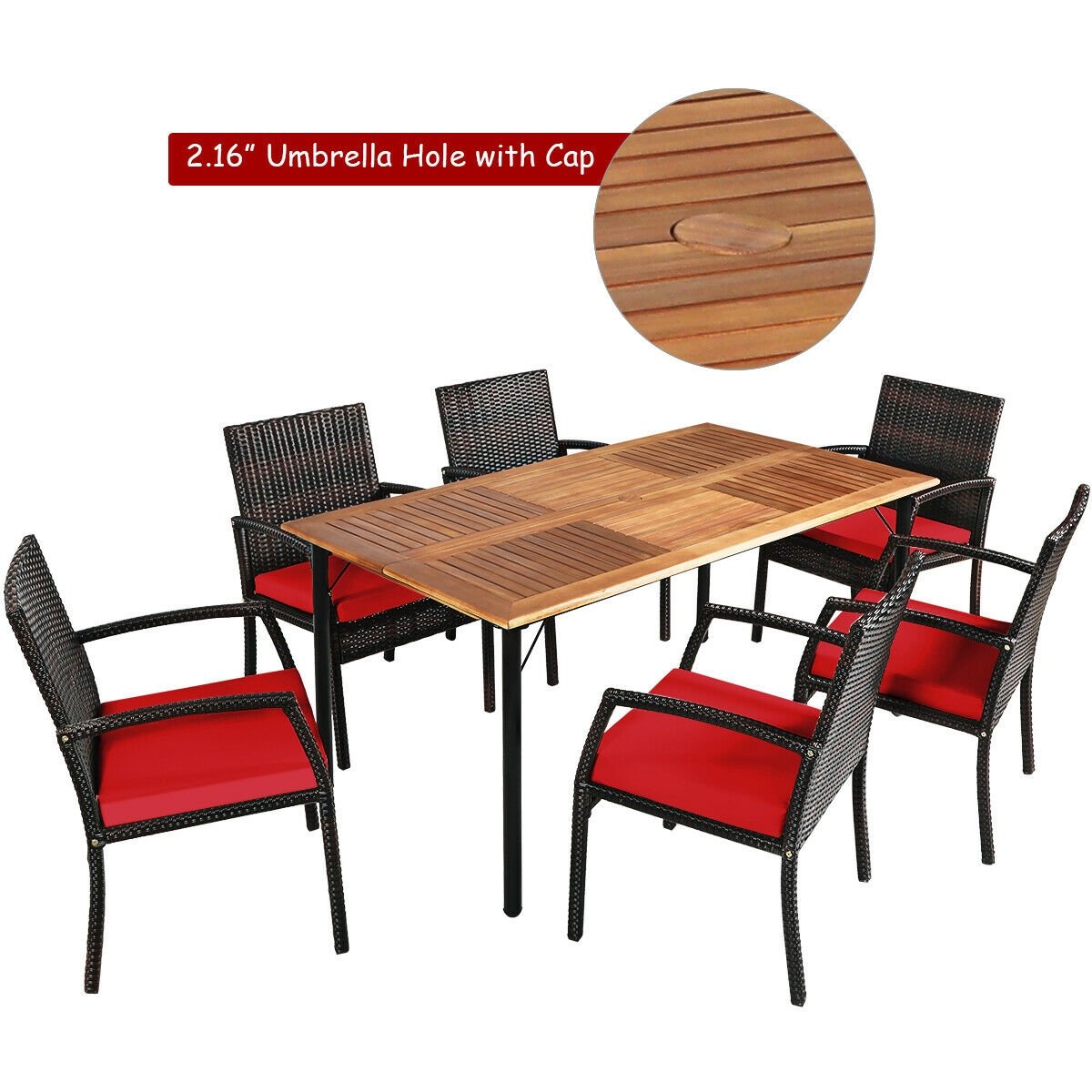 7Pcs Patio Rattan Cushioned Dining Set with Umbrella Hole, Red Patio Dining Sets   at Gallery Canada