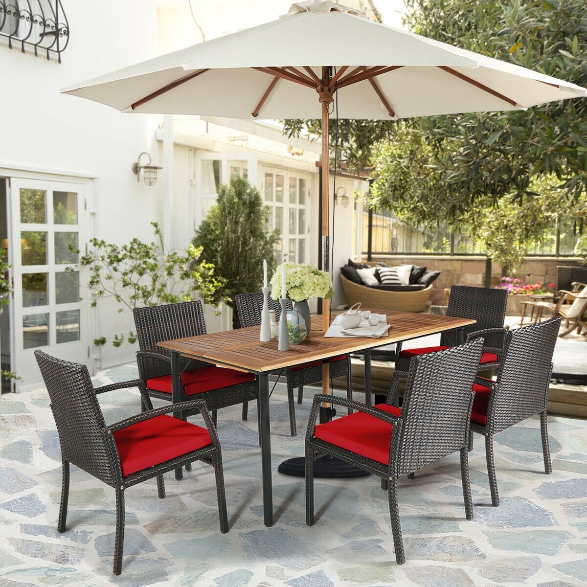 7Pcs Patio Rattan Cushioned Dining Set with Umbrella Hole, Red Patio Dining Sets   at Gallery Canada