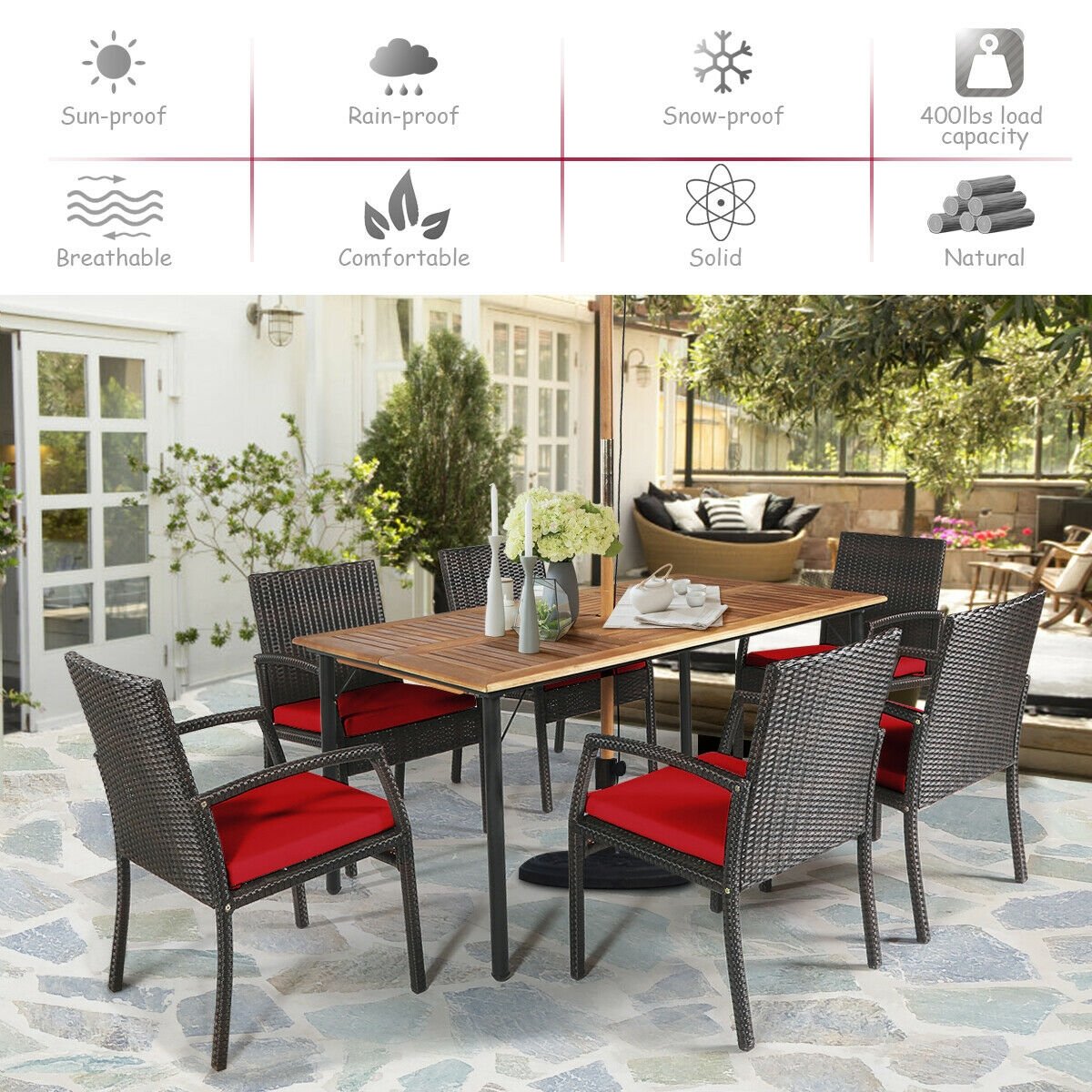 7Pcs Patio Rattan Cushioned Dining Set with Umbrella Hole, Red Patio Dining Sets   at Gallery Canada