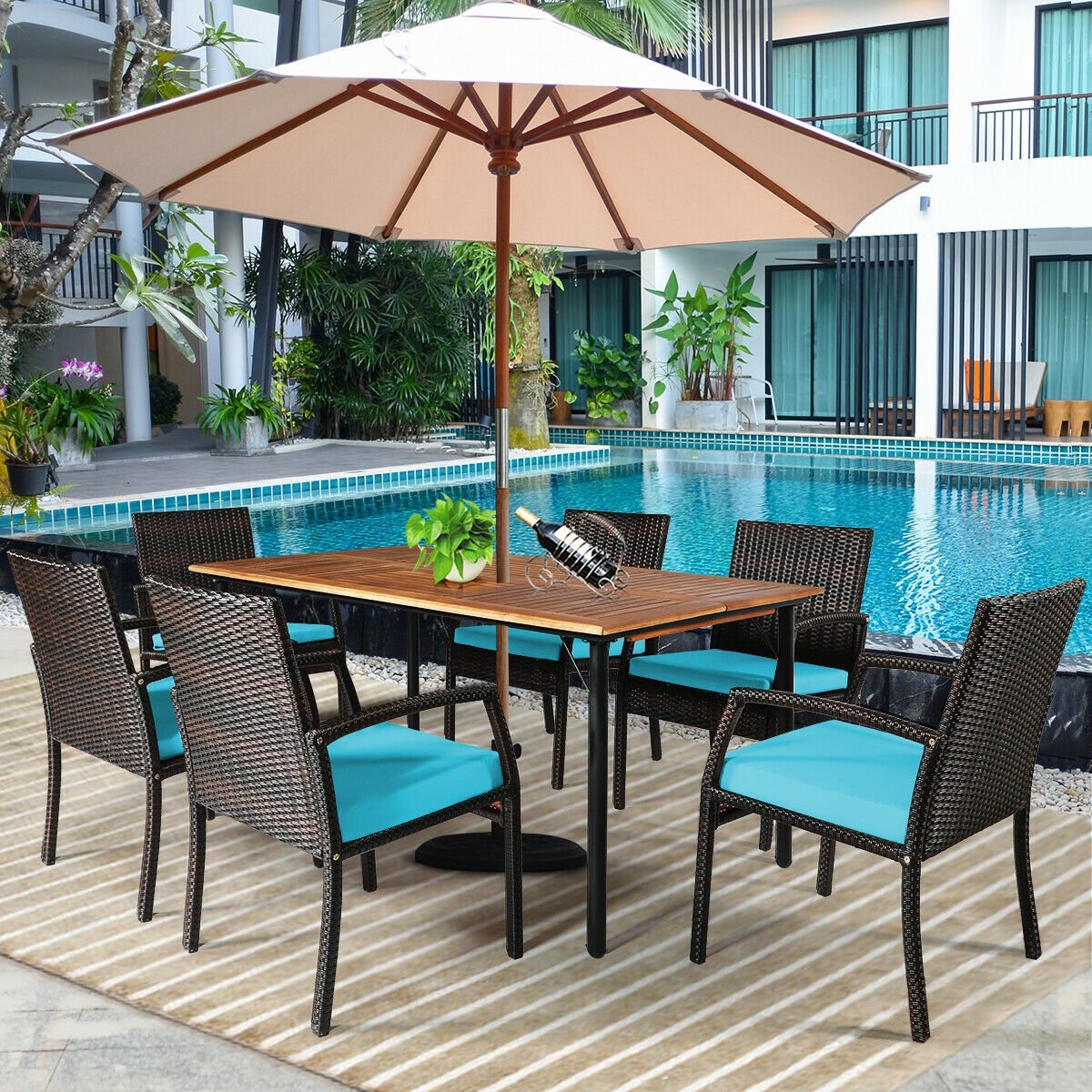 7Pcs Patio Rattan Cushioned Dining Set with Umbrella Hole, Turquoise Patio Dining Sets   at Gallery Canada