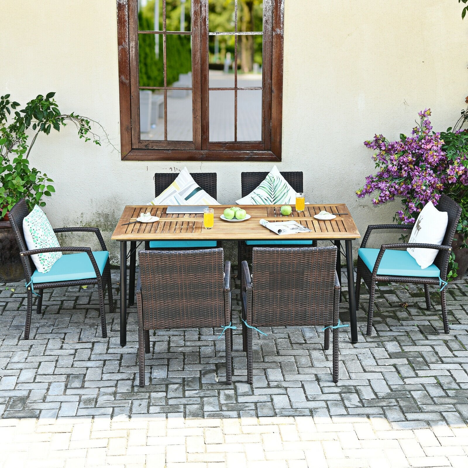 7Pcs Patio Rattan Cushioned Dining Set with Umbrella Hole, Turquoise Patio Dining Sets   at Gallery Canada