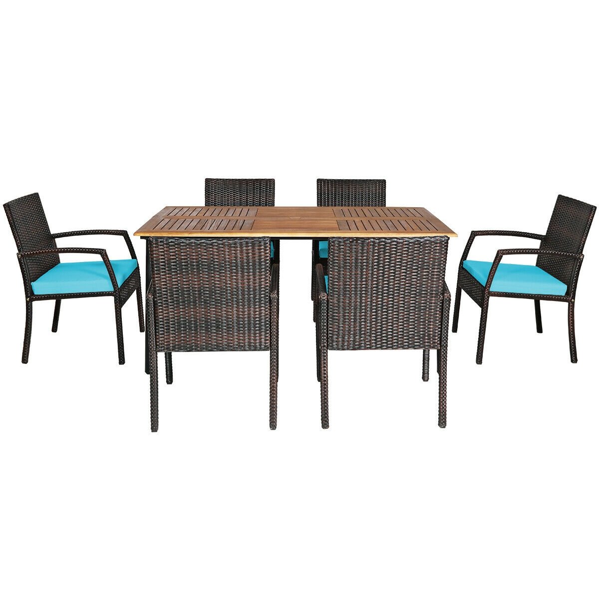 7Pcs Patio Rattan Cushioned Dining Set with Umbrella Hole, Turquoise Patio Dining Sets   at Gallery Canada