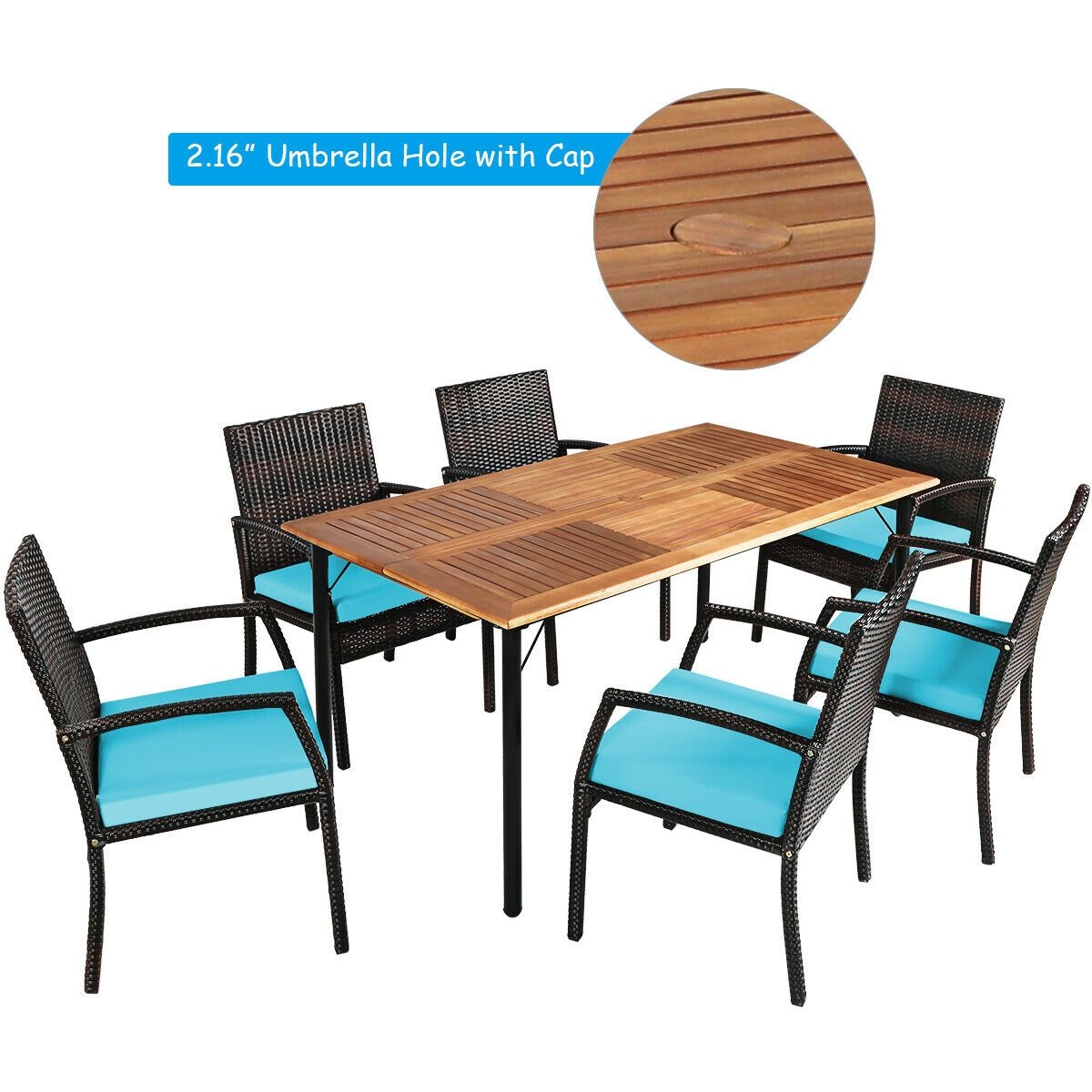 7Pcs Patio Rattan Cushioned Dining Set with Umbrella Hole, Turquoise Patio Dining Sets   at Gallery Canada