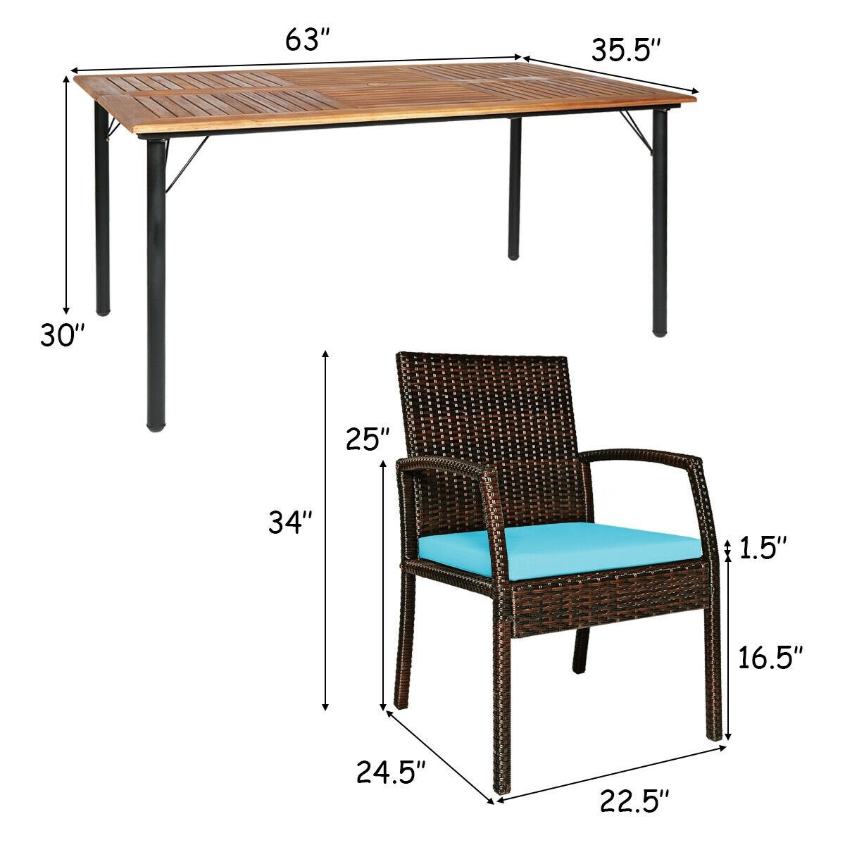 7Pcs Patio Rattan Cushioned Dining Set with Umbrella Hole, Turquoise Patio Dining Sets   at Gallery Canada