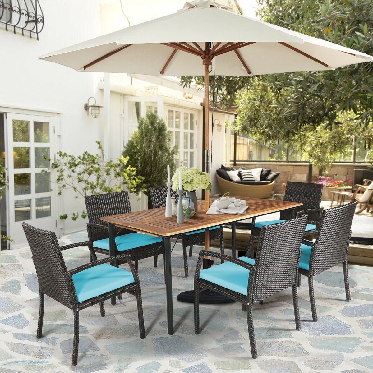 7Pcs Patio Rattan Cushioned Dining Set with Umbrella Hole, Turquoise Patio Dining Sets   at Gallery Canada