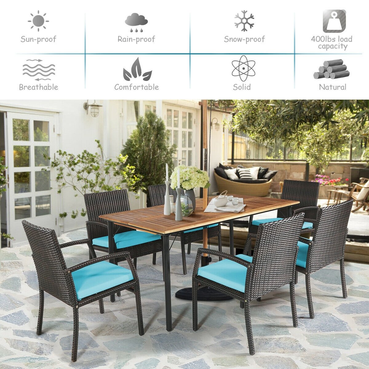 7Pcs Patio Rattan Cushioned Dining Set with Umbrella Hole, Turquoise Patio Dining Sets   at Gallery Canada