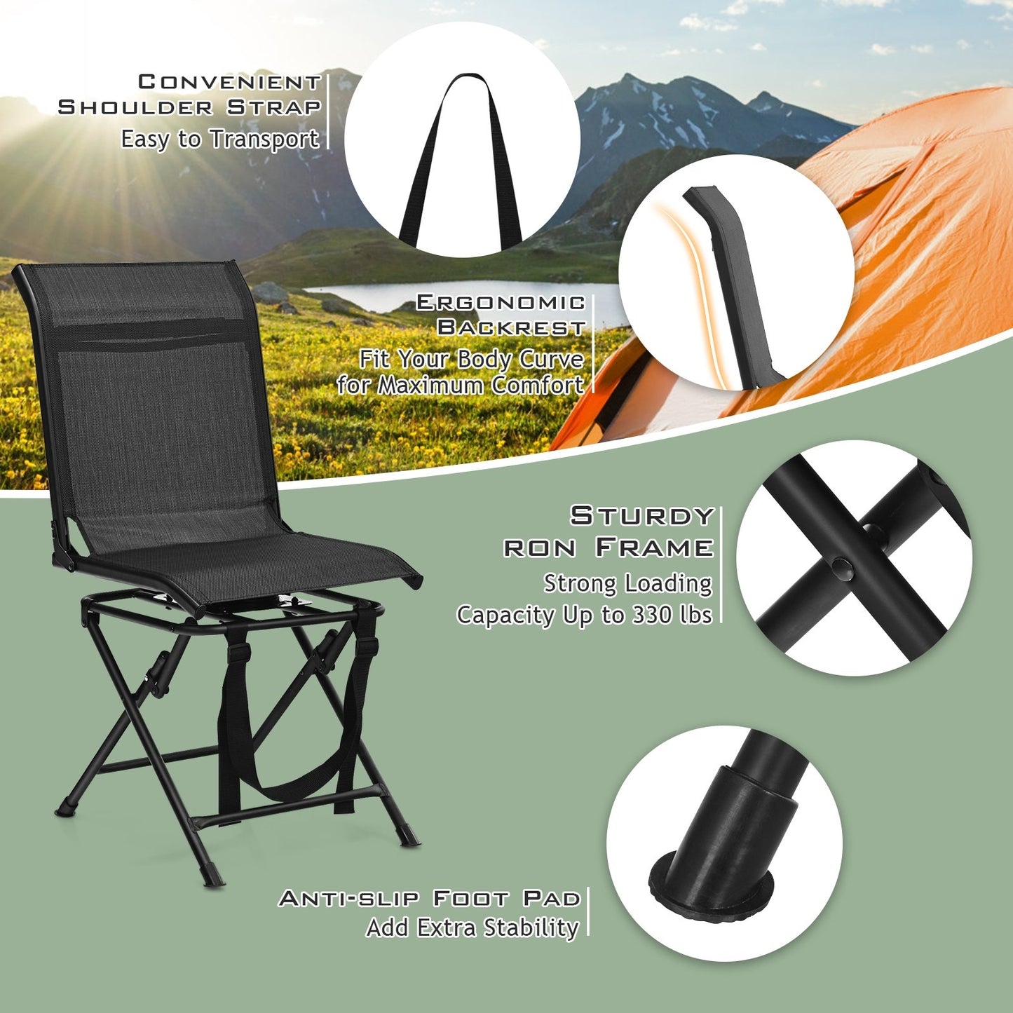 All-weather Outdoor Foldable 360-Degree Swivel Chair with Iron Frame, Black Camping Furniture   at Gallery Canada