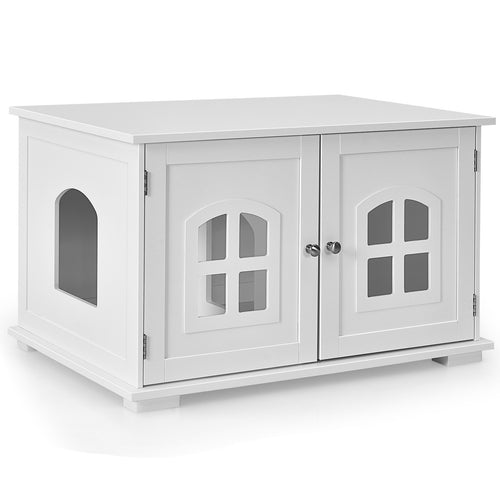 Large Wooden Cat Litter Box Enclosure Hidden Cat Washroom with Divider, White