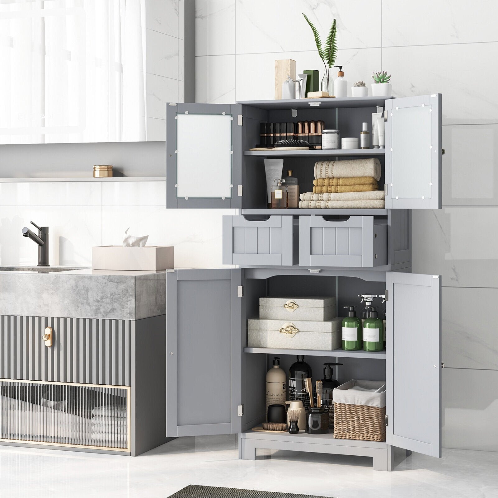 4 Door Freee-Standing Bathroom Cabinet with 2 Drawers and Glass Doors, Gray Floor Cabinets   at Gallery Canada