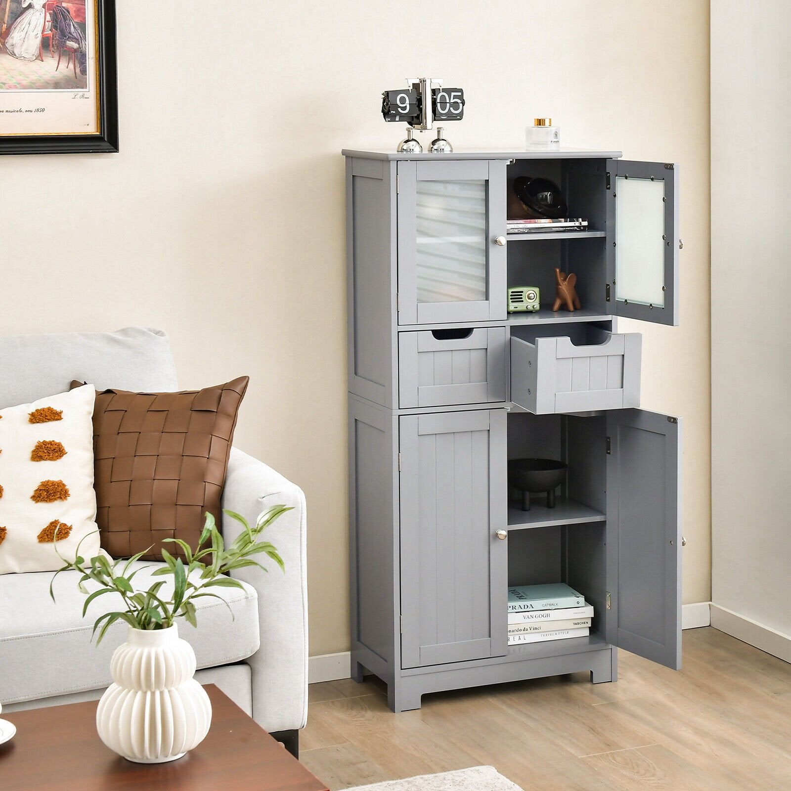 4 Door Freee-Standing Bathroom Cabinet with 2 Drawers and Glass Doors, Gray Floor Cabinets   at Gallery Canada