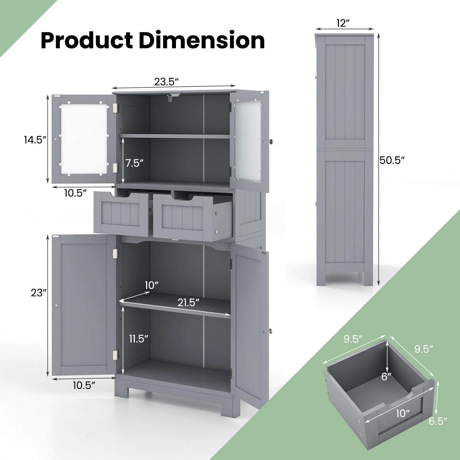 4 Door Freee-Standing Bathroom Cabinet with 2 Drawers and Glass Doors, Gray Floor Cabinets   at Gallery Canada