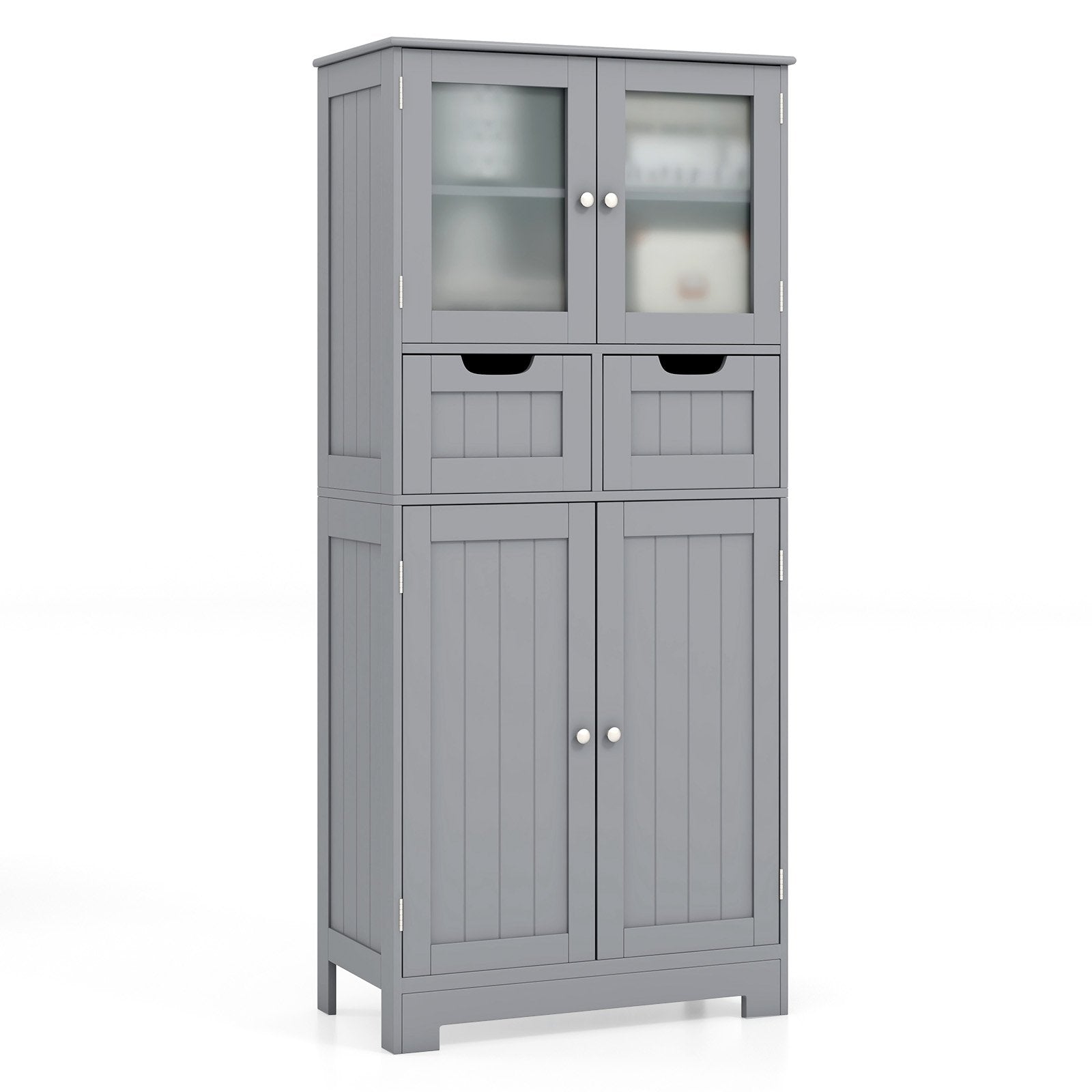 4 Door Freee-Standing Bathroom Cabinet with 2 Drawers and Glass Doors, Gray Floor Cabinets   at Gallery Canada