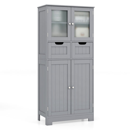 4 Door Freee-Standing Bathroom Cabinet with 2 Drawers and Glass Doors, Gray