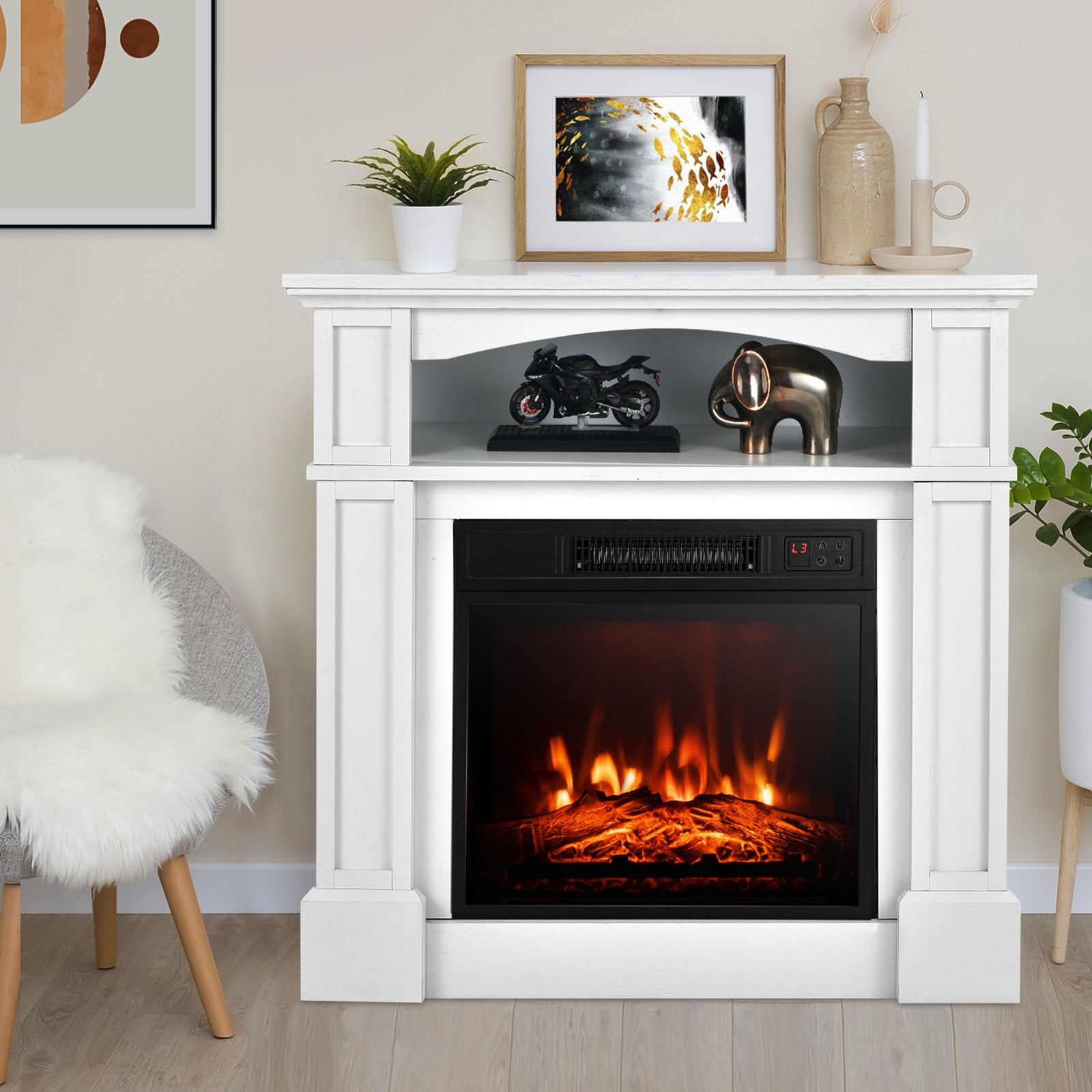 32 Inch 1400W Electric TV Stand Fireplace with Shelf, White Fireplaces   at Gallery Canada