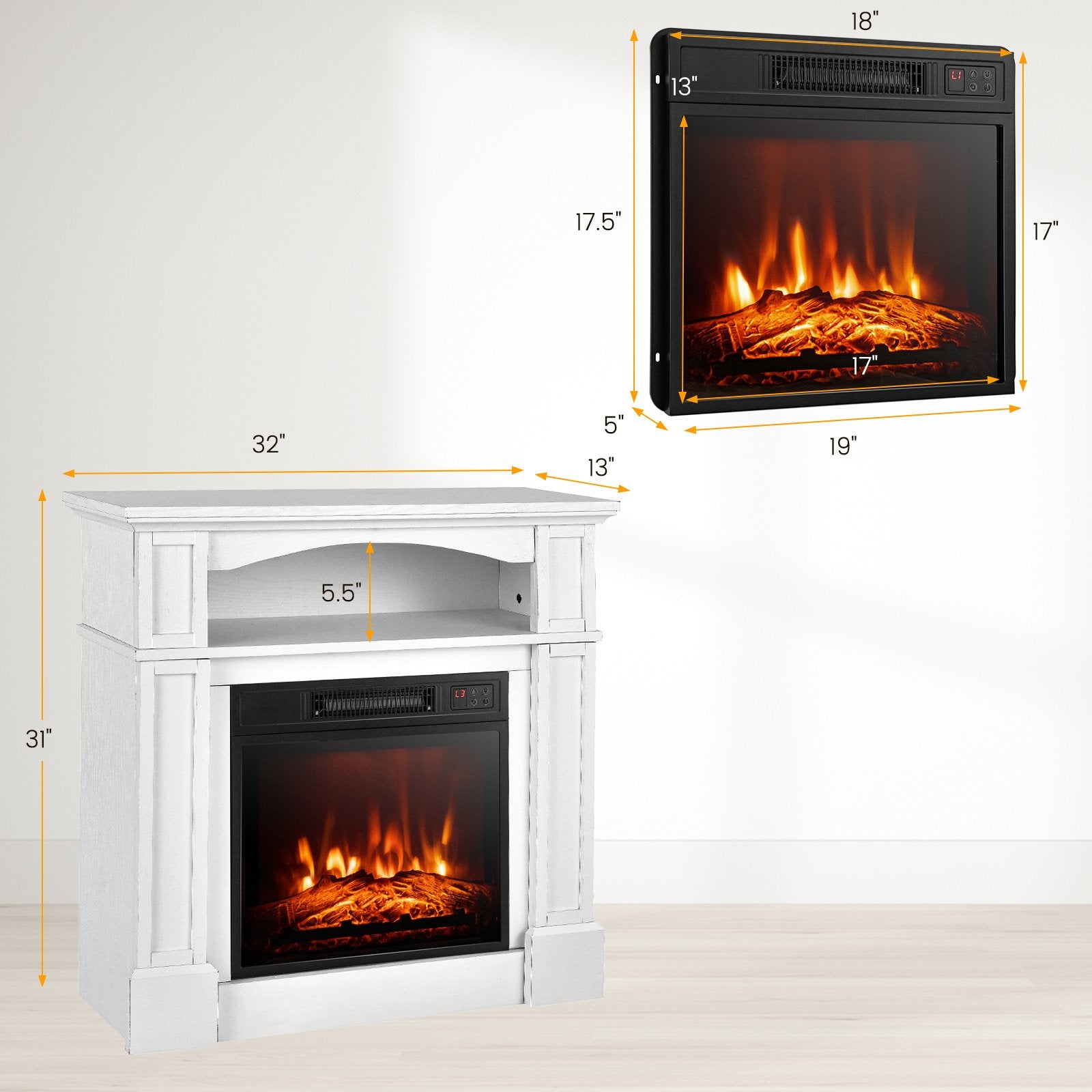 32 Inch 1400W Electric TV Stand Fireplace with Shelf, White Fireplaces   at Gallery Canada