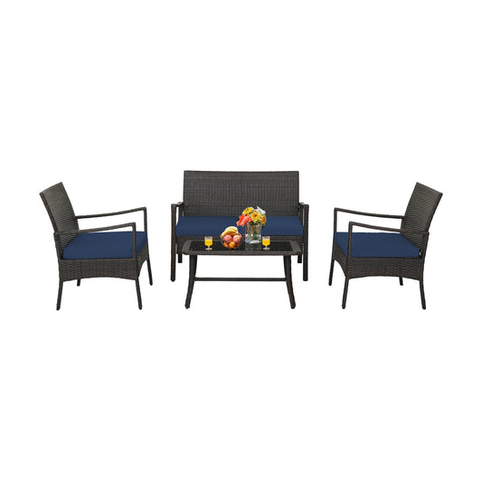 4 Pieces Outdoor Rattan Conversation Set with Tempered Glass Coffee Table, Navy - Gallery Canada