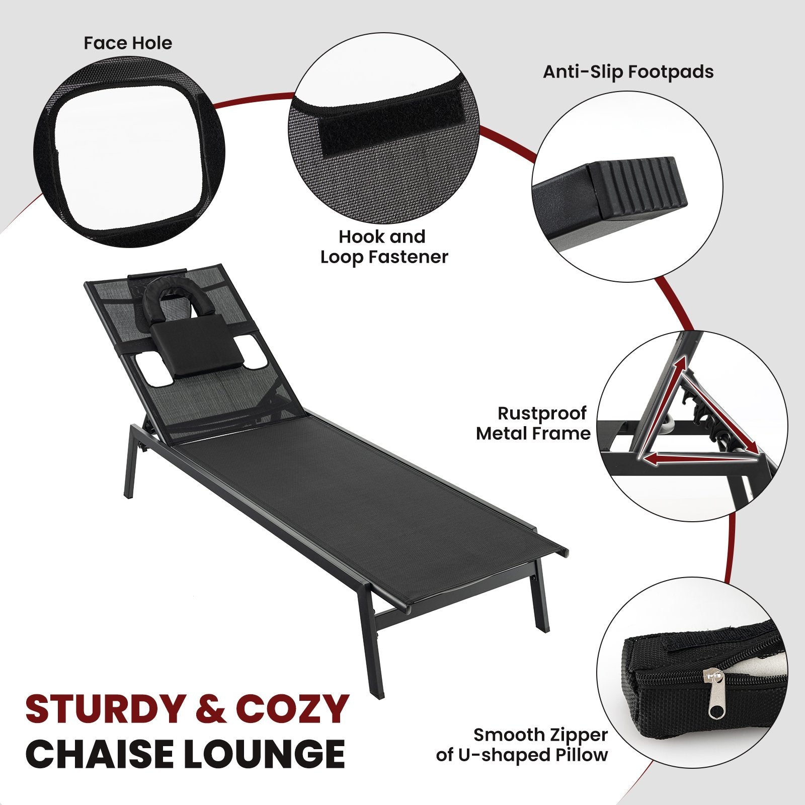 Patio Sunbathing Lounge Chair 5-Position Adjustable Tanning Chair, Black Outdoor Chaise Lounges   at Gallery Canada