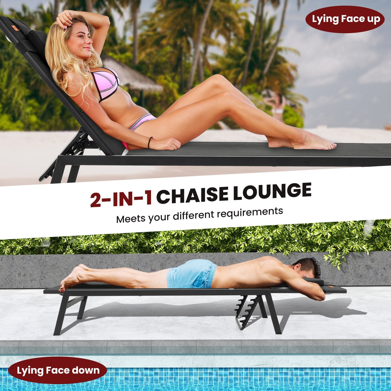 Patio Sunbathing Lounge Chair 5-Position Adjustable Tanning Chair, Black Outdoor Chaise Lounges   at Gallery Canada