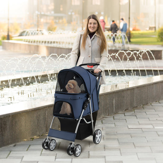 Foldable 4-Wheel Pet Stroller with Storage Basket, Navy - Gallery Canada
