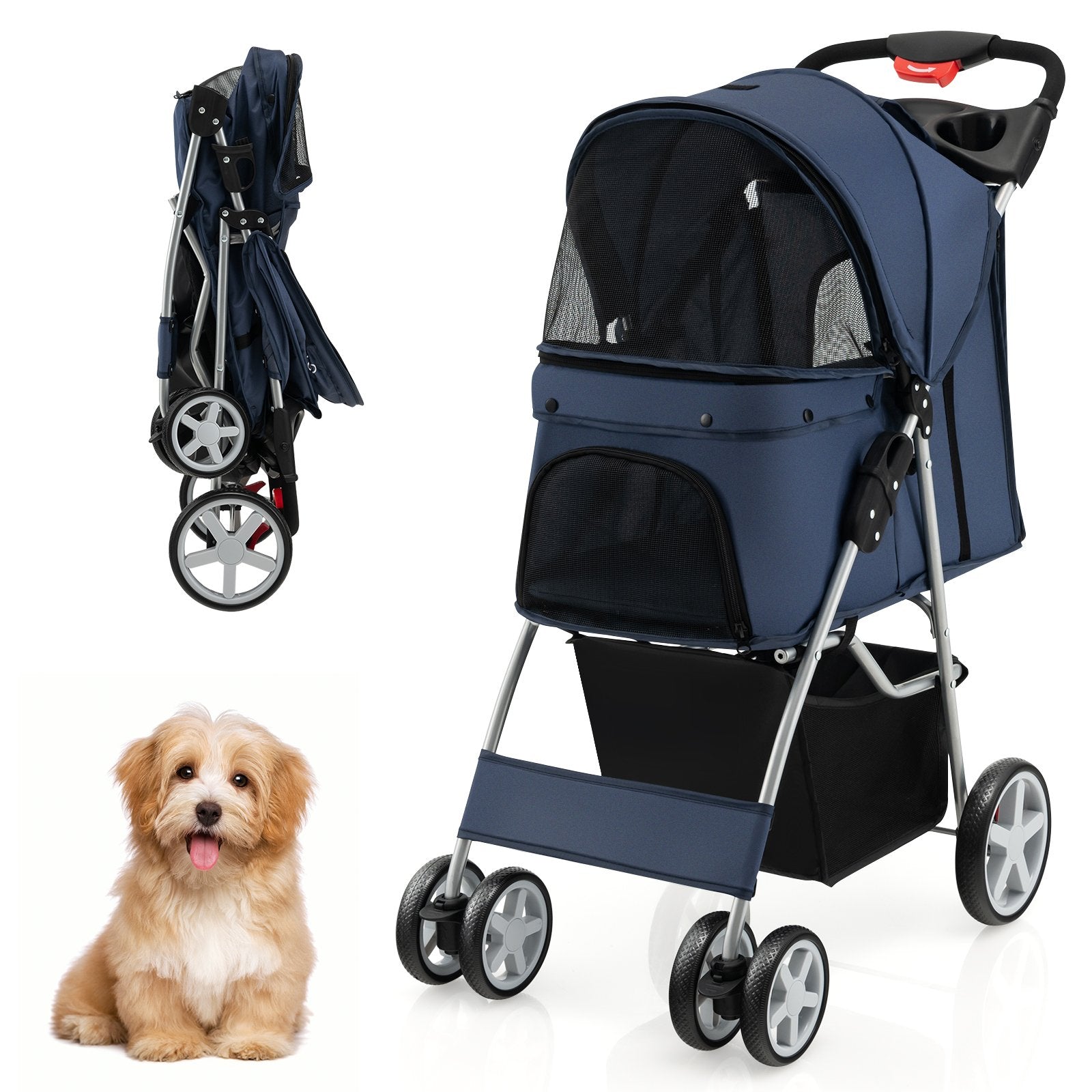 Foldable 4-Wheel Pet Stroller with Storage Basket, Navy Dog Supplies   at Gallery Canada