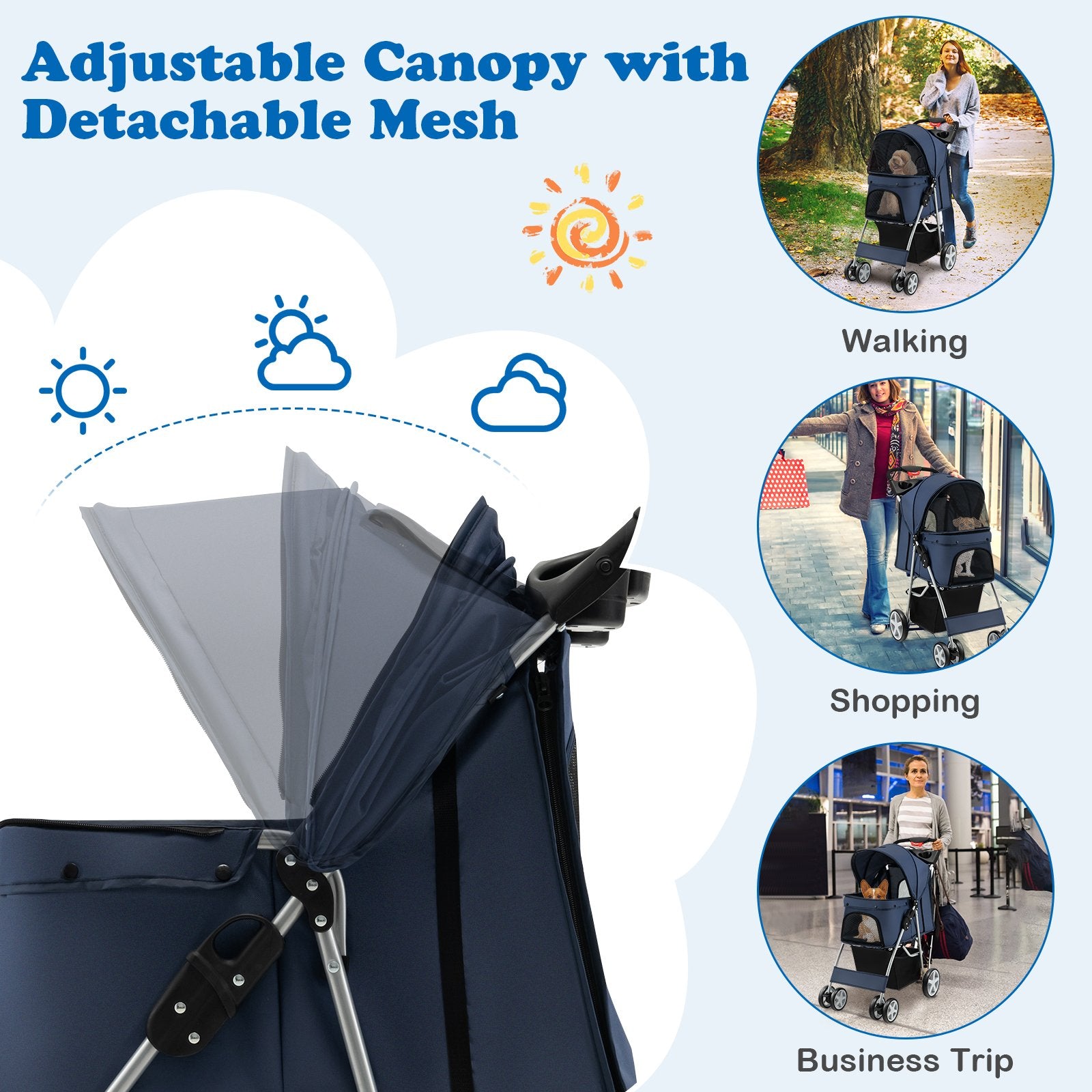 Foldable 4-Wheel Pet Stroller with Storage Basket, Navy Dog Supplies   at Gallery Canada