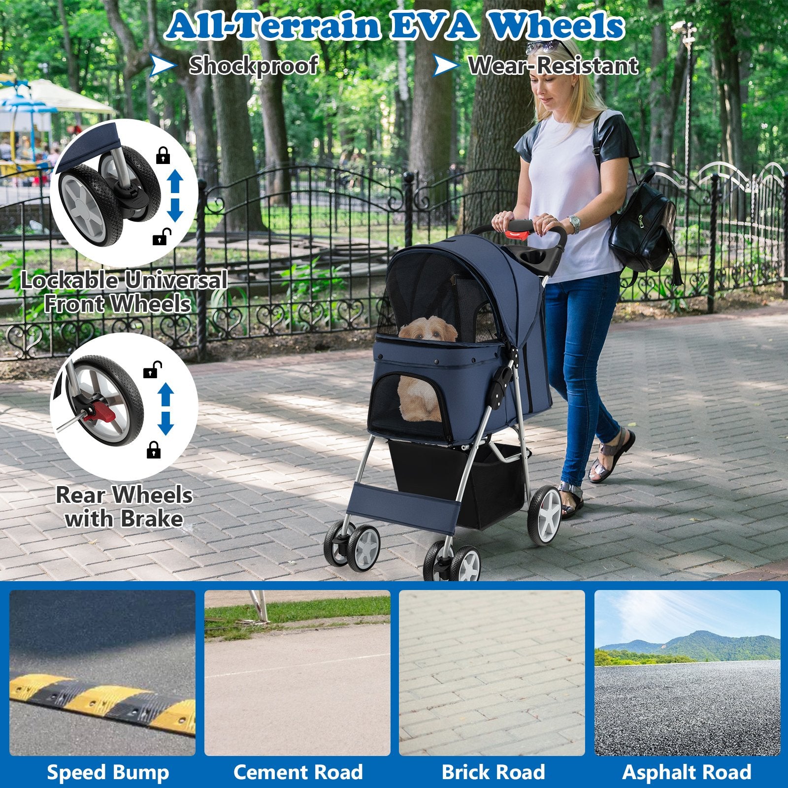 Foldable 4-Wheel Pet Stroller with Storage Basket, Navy Dog Supplies   at Gallery Canada