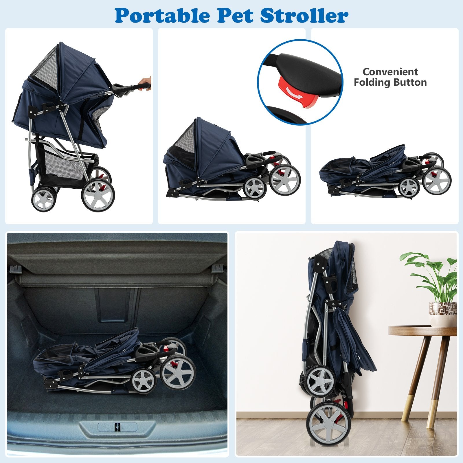 Foldable 4-Wheel Pet Stroller with Storage Basket, Navy Dog Supplies   at Gallery Canada