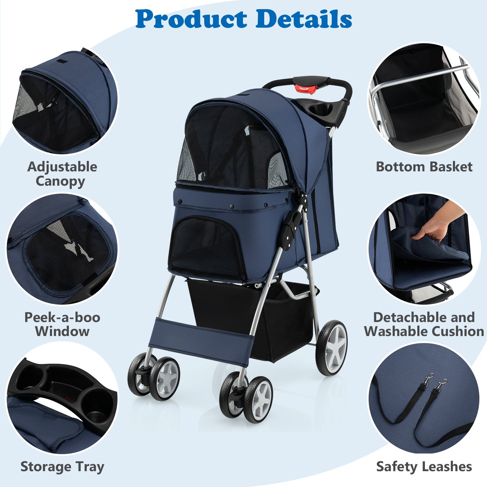 Foldable 4-Wheel Pet Stroller with Storage Basket, Navy Dog Supplies   at Gallery Canada