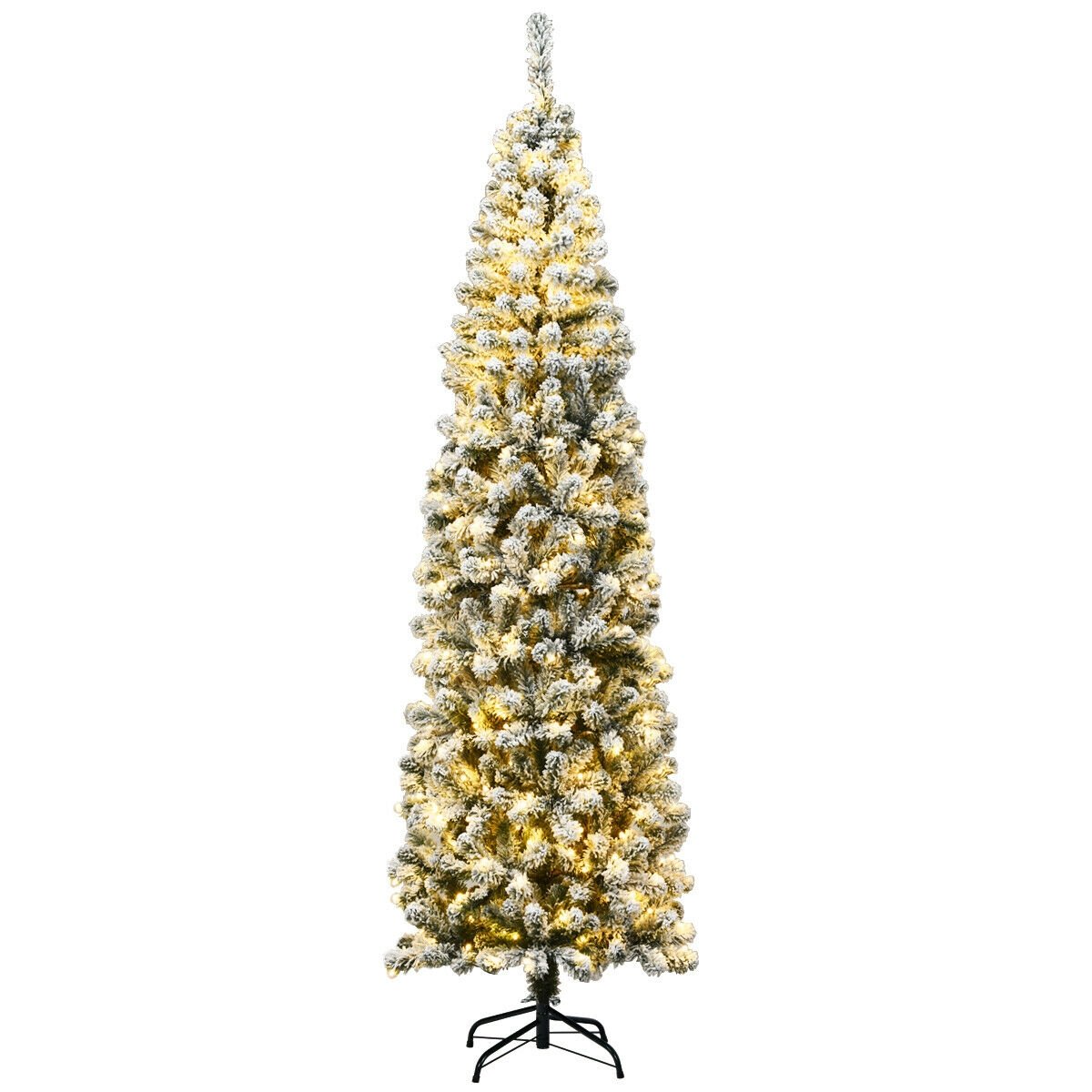 7.5 Feet Pre-lit Snow Flocked Artificial Pencil Christmas Tree with LED Lights, Green Christmas Tree   at Gallery Canada