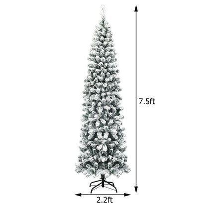 7.5 Feet Pre-lit Snow Flocked Artificial Pencil Christmas Tree with LED Lights, Green - Gallery Canada