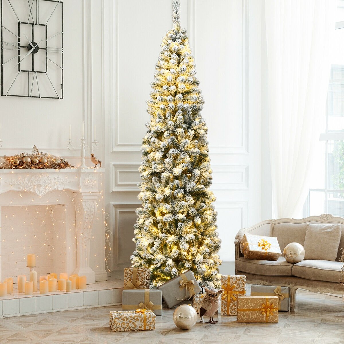 7.5 Feet Pre-lit Snow Flocked Artificial Pencil Christmas Tree with LED Lights, Green Christmas Tree   at Gallery Canada