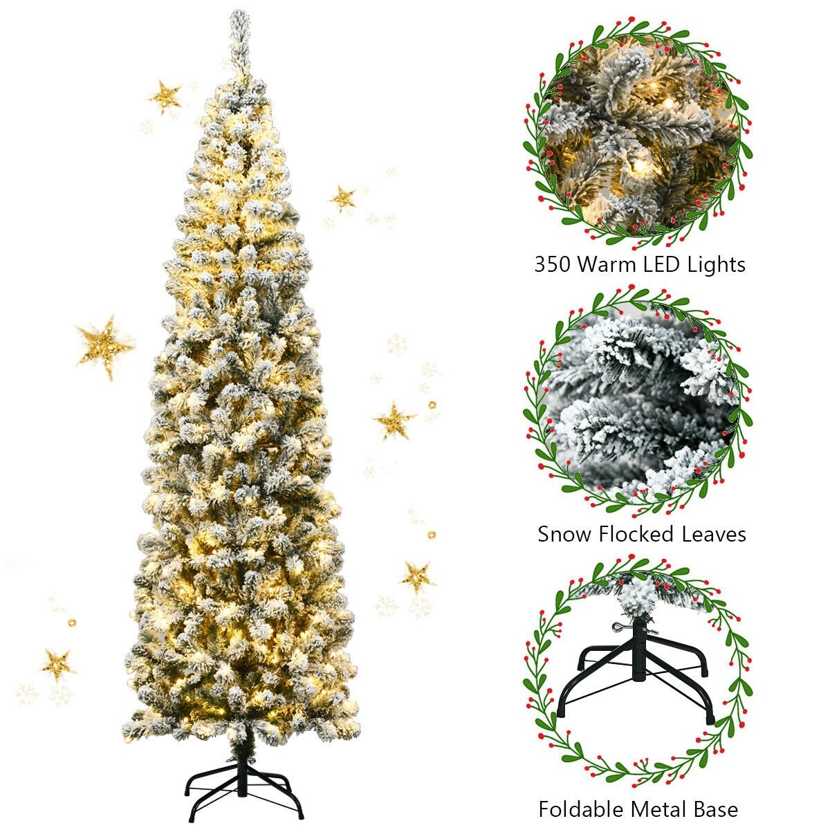7.5 Feet Pre-lit Snow Flocked Artificial Pencil Christmas Tree with LED Lights, Green - Gallery Canada