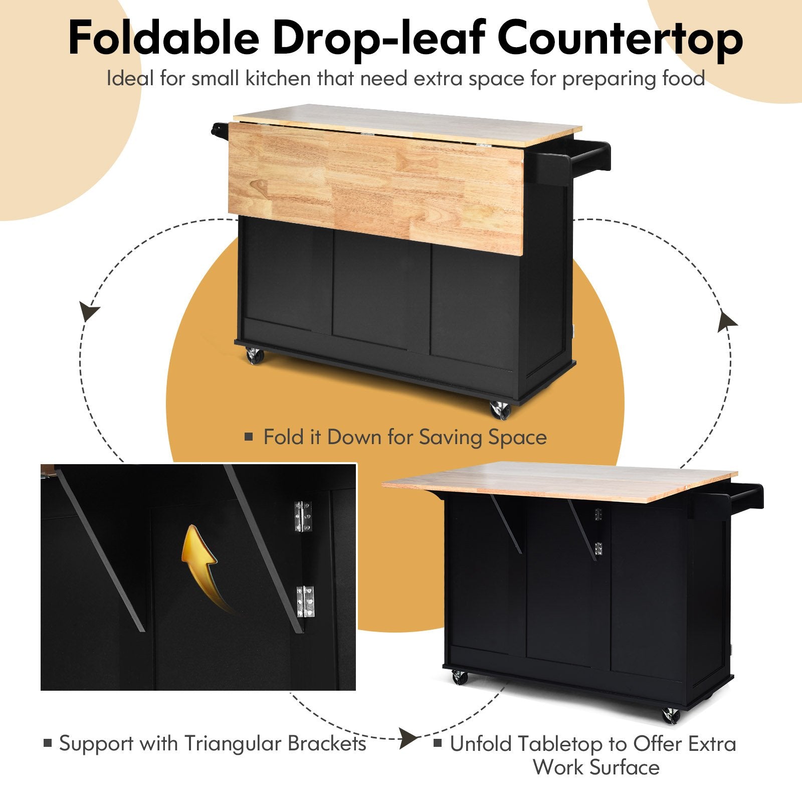 Drop-Leaf Kitchen Island Trolley Cart Wood Storage Cabinet, Black Kitchen Islands & Carts   at Gallery Canada