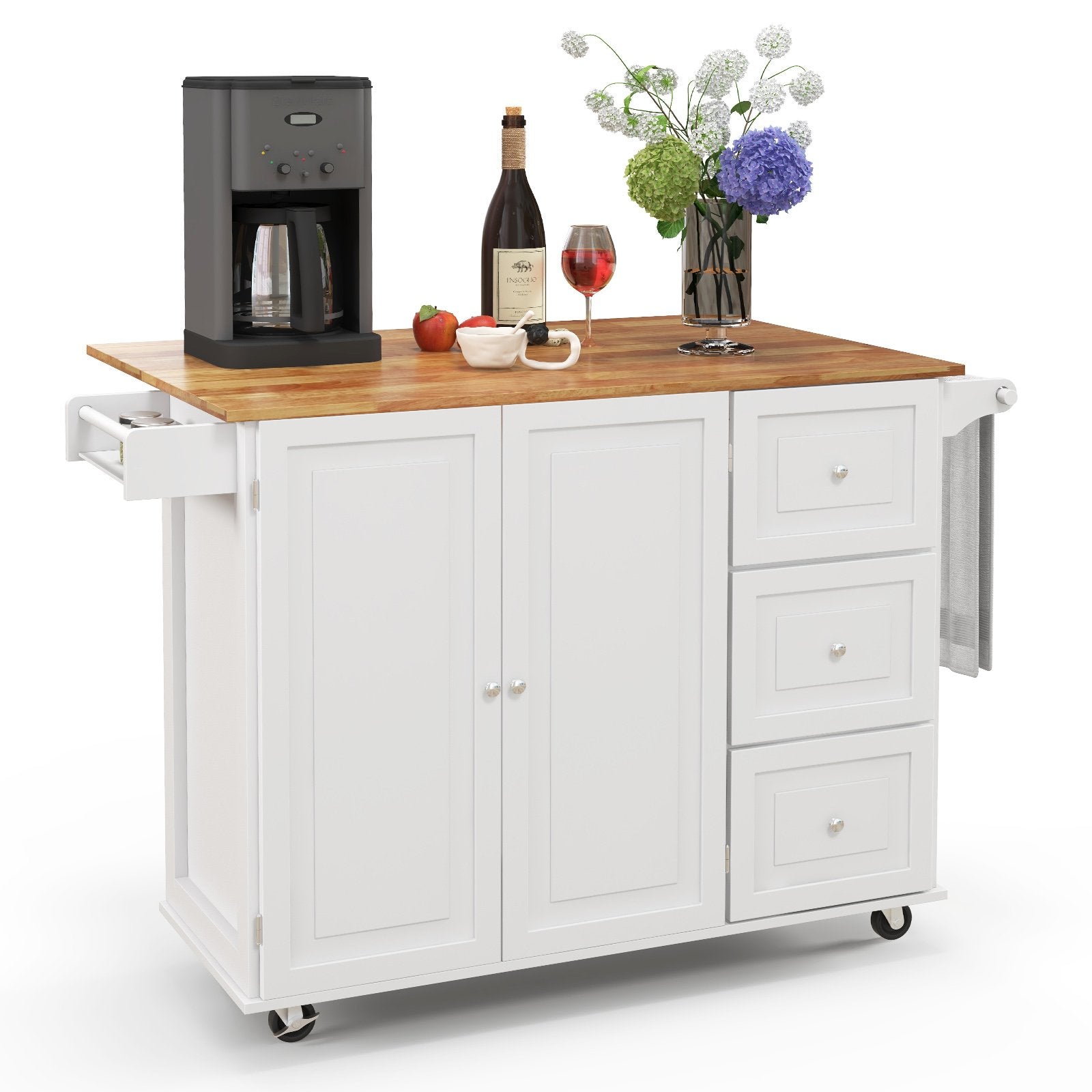 Kitchen Island Trolley Cart Wood with Drop Leaf Tabletop and Storage Cabinet, White Kitchen Islands & Carts   at Gallery Canada