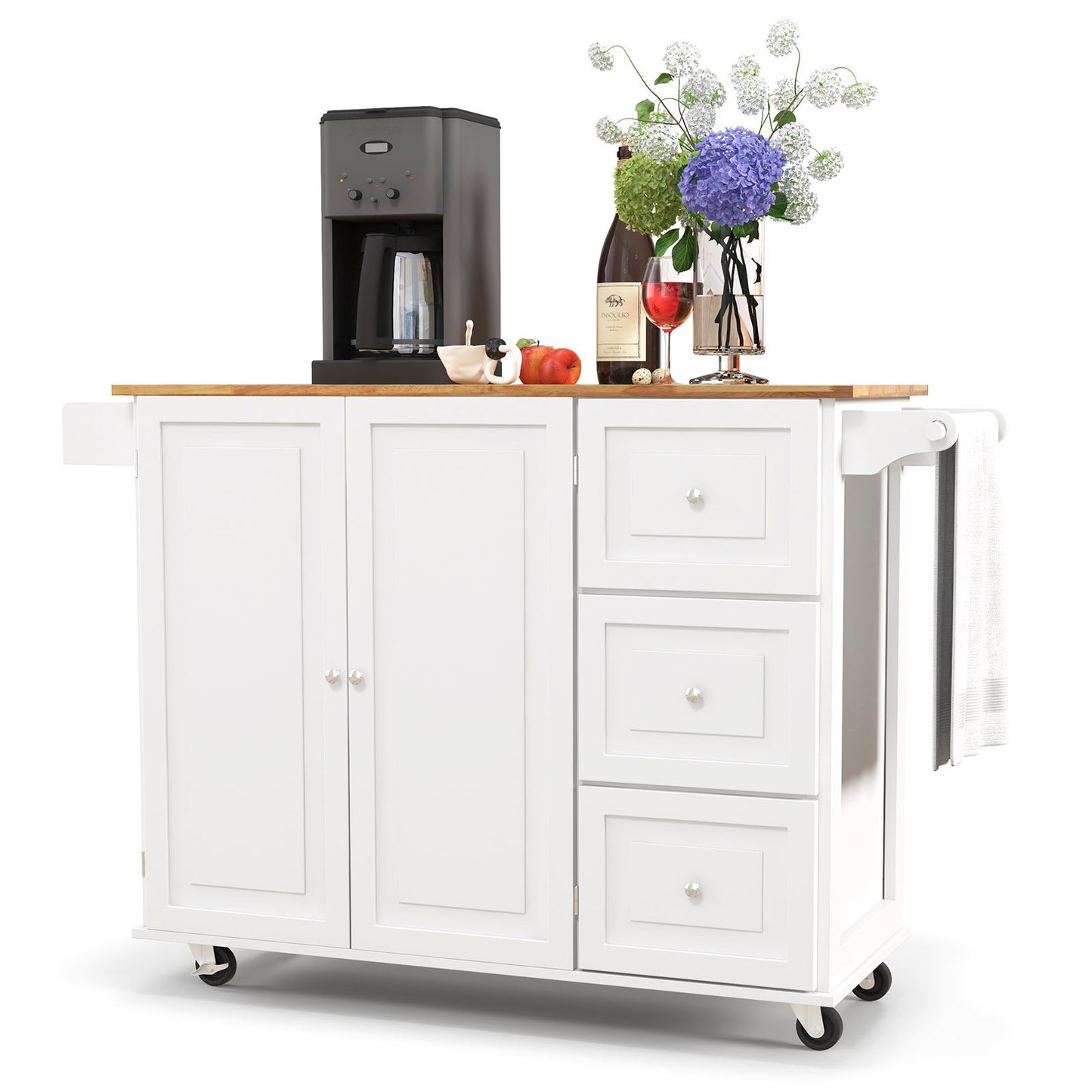 Kitchen Island Trolley Cart Wood with Drop Leaf Tabletop and Storage Cabinet, White Kitchen Islands & Carts   at Gallery Canada