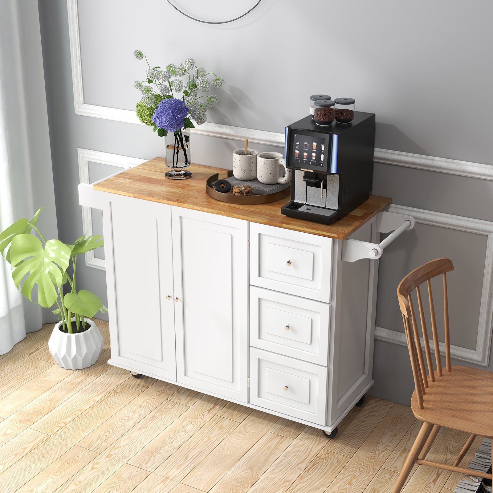 Kitchen Island Trolley Cart Wood with Drop Leaf Tabletop and Storage Cabinet, White Kitchen Islands & Carts   at Gallery Canada