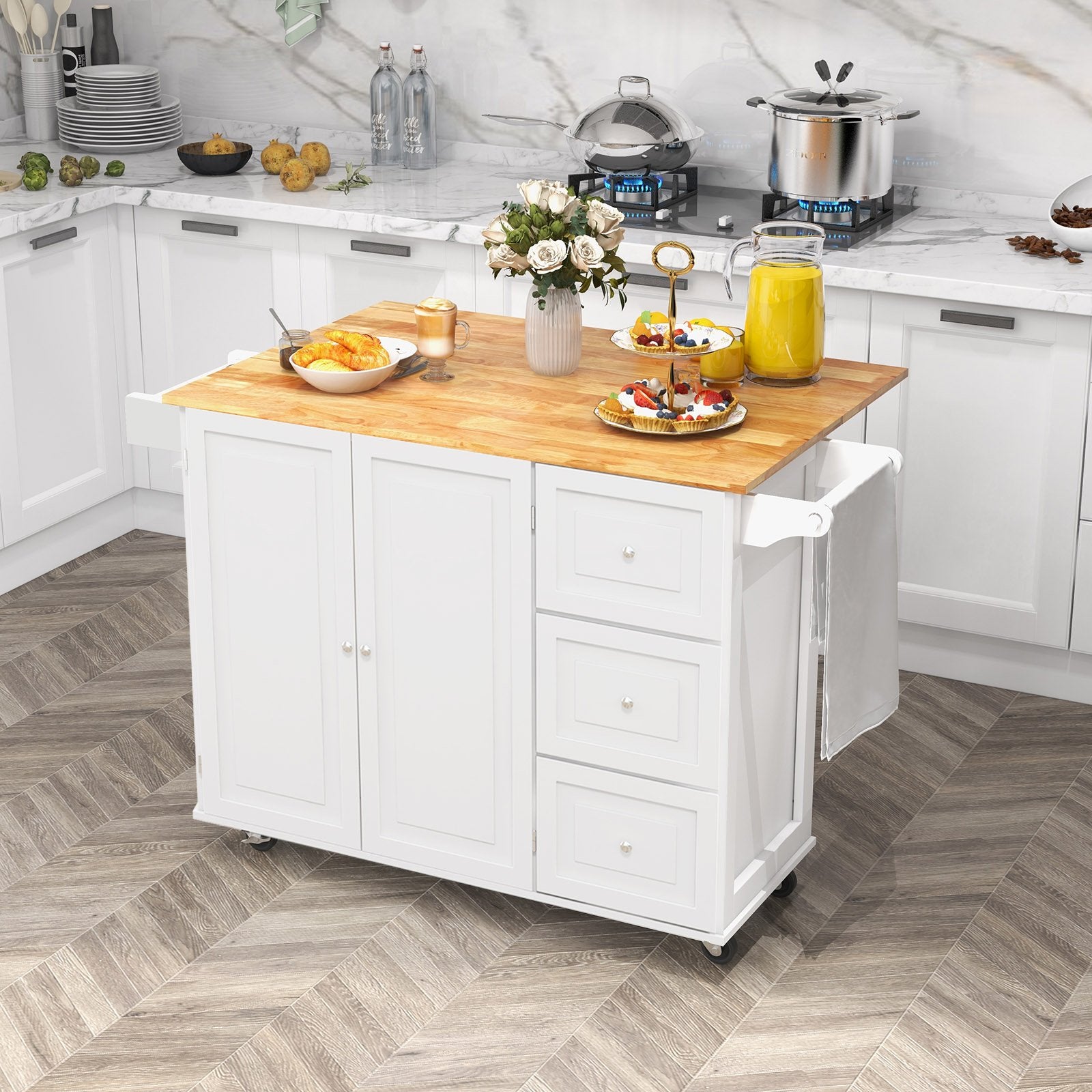 Kitchen Island Trolley Cart Wood with Drop Leaf Tabletop and Storage Cabinet, White Kitchen Islands & Carts   at Gallery Canada