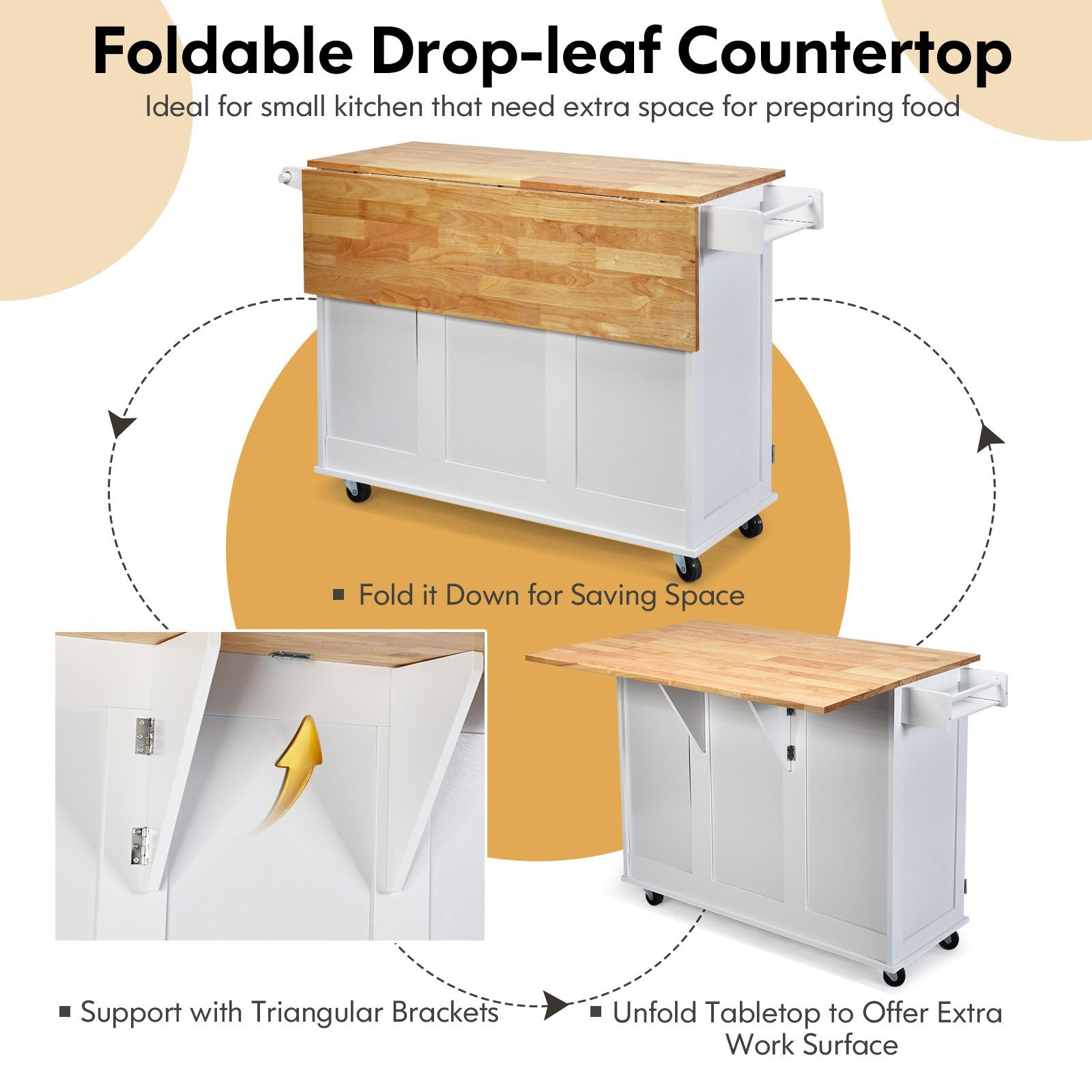 Kitchen Island Trolley Cart Wood with Drop Leaf Tabletop and Storage Cabinet, White Kitchen Islands & Carts   at Gallery Canada