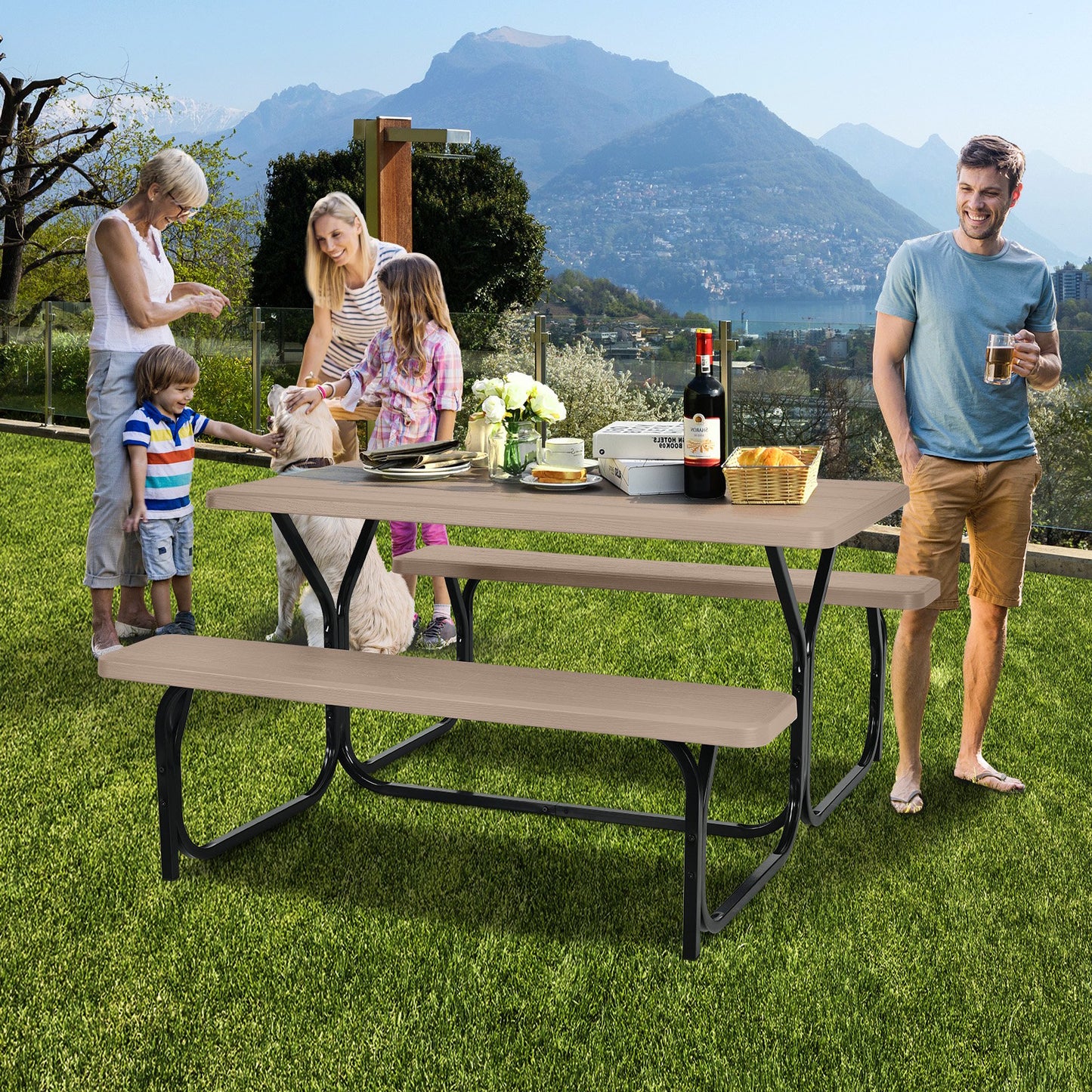 HDPE Outdoor Picnic Table Bench Set with Metal Base, Coffee Picnic Tables   at Gallery Canada