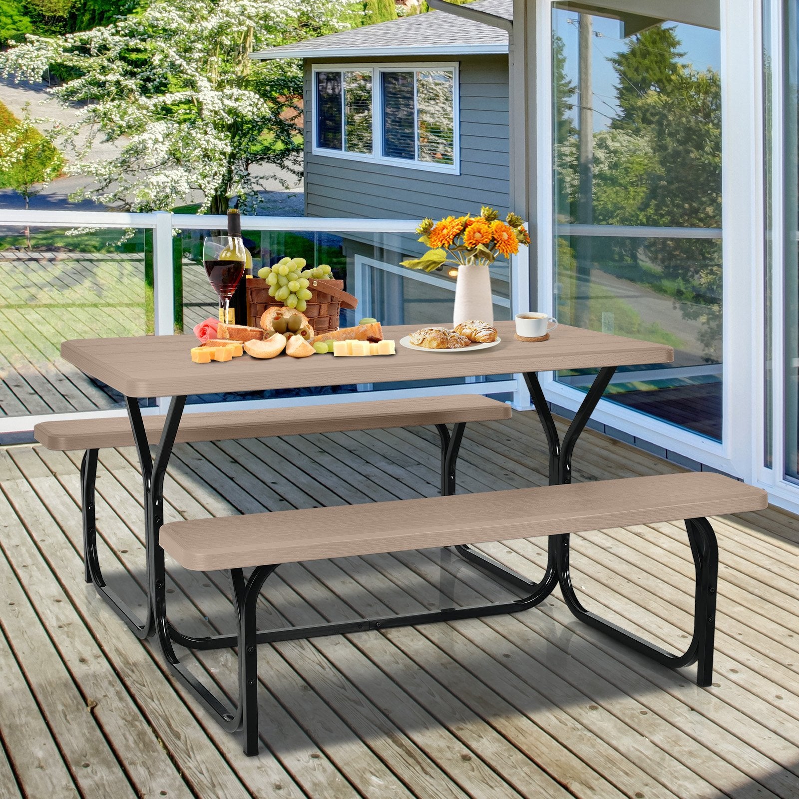 HDPE Outdoor Picnic Table Bench Set with Metal Base, Coffee Picnic Tables   at Gallery Canada