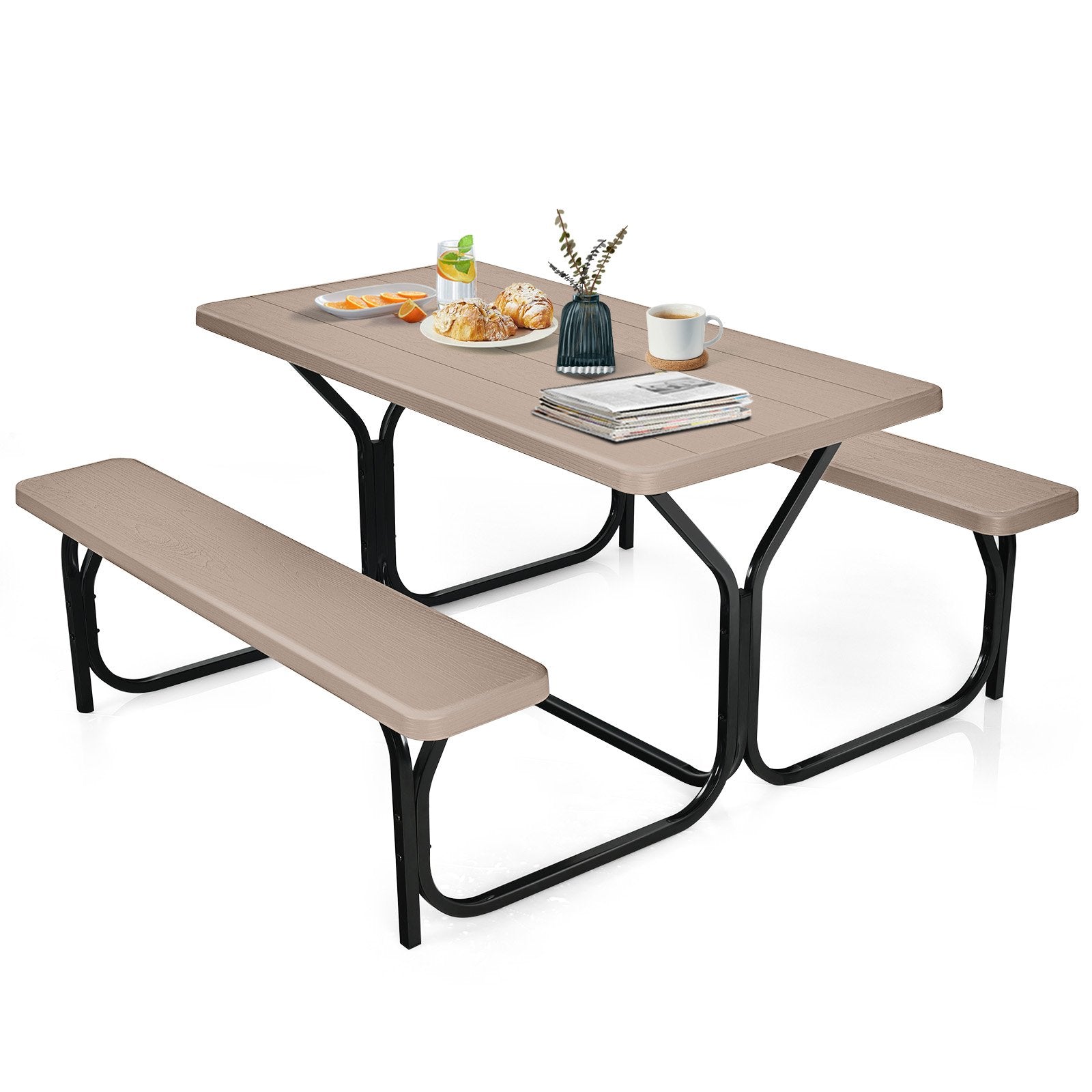 HDPE Outdoor Picnic Table Bench Set with Metal Base, Coffee Picnic Tables   at Gallery Canada