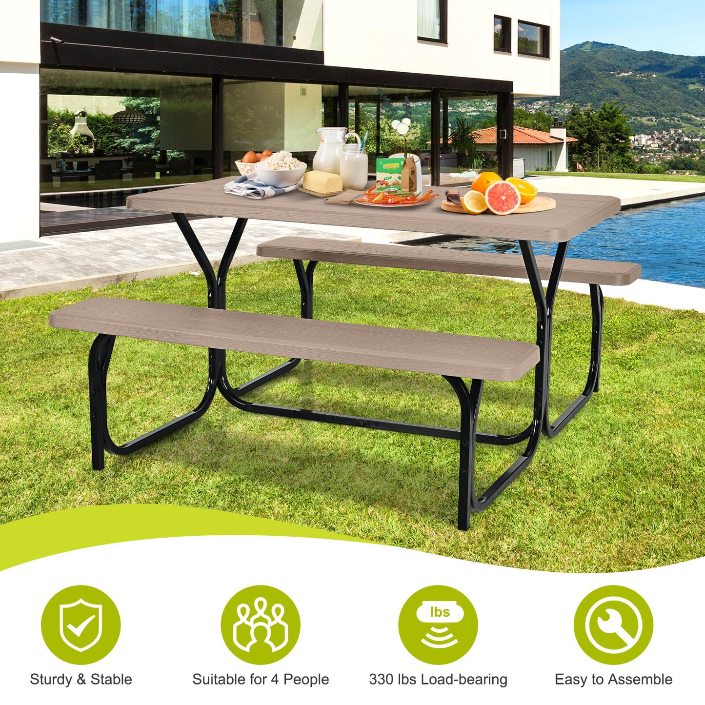 HDPE Outdoor Picnic Table Bench Set with Metal Base, Coffee Picnic Tables   at Gallery Canada