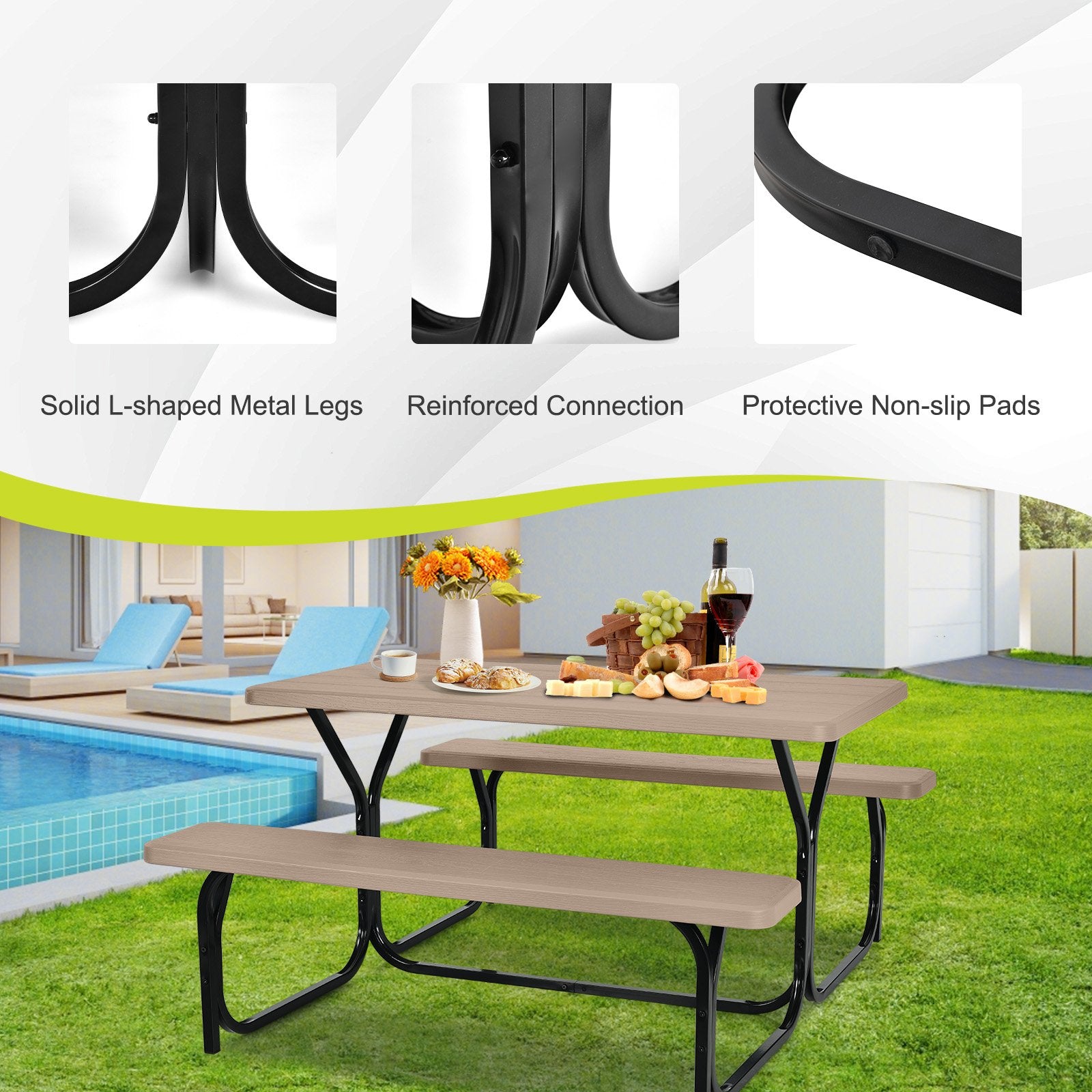 HDPE Outdoor Picnic Table Bench Set with Metal Base, Coffee Picnic Tables   at Gallery Canada