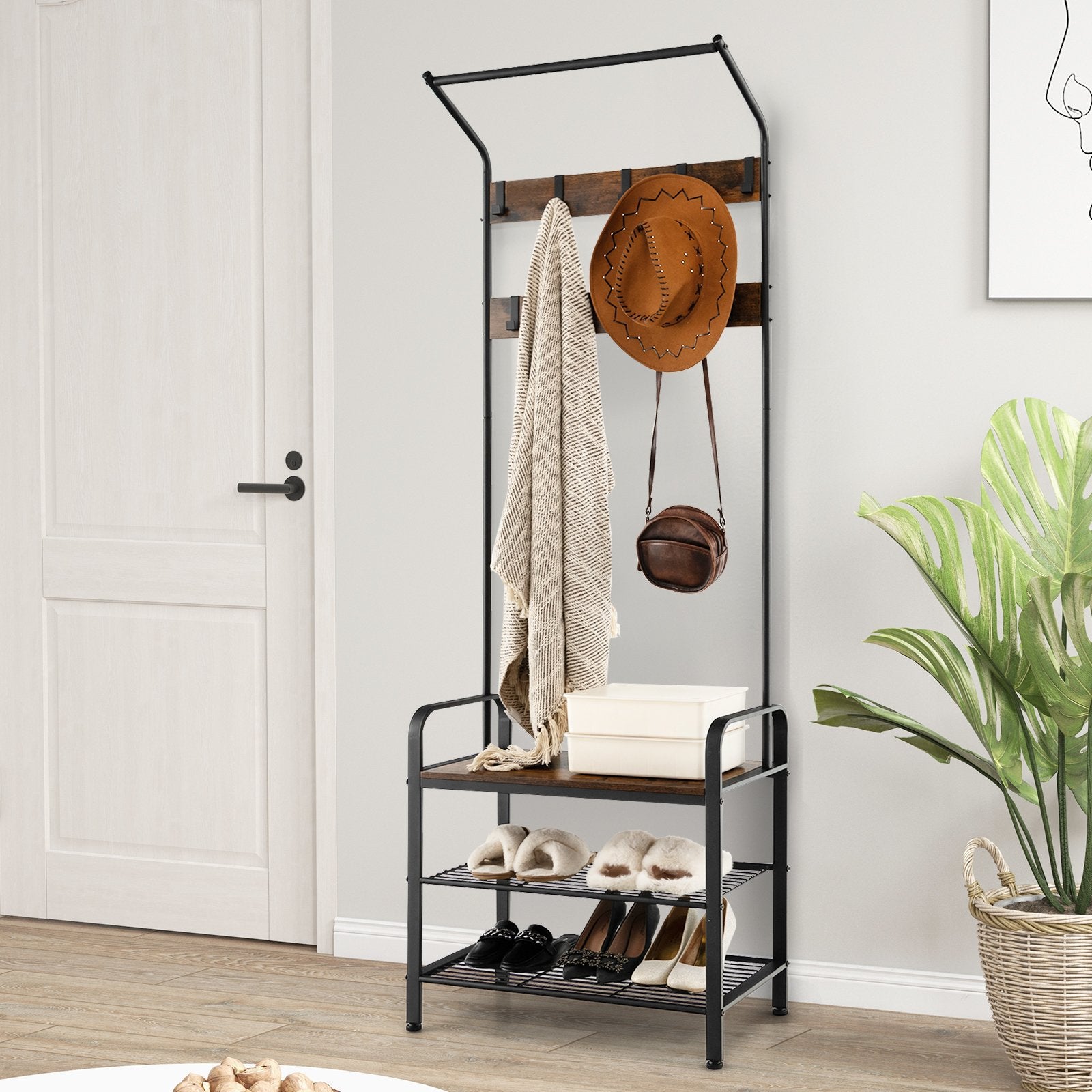 3-in-1 Industrial Hall Tree Coat Rack Shoe Bench with Storage Shelf and 9 Hooks, Black Clothing & Closet Storage   at Gallery Canada