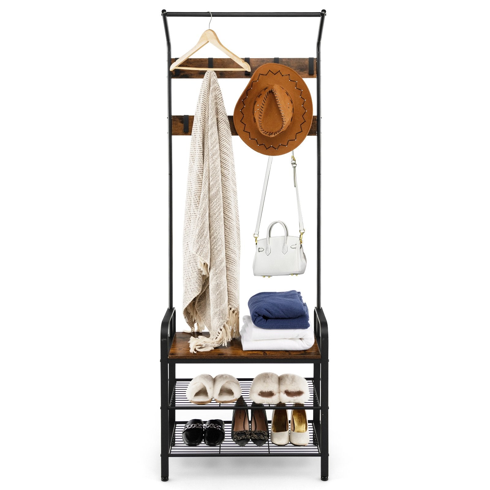 3-in-1 Industrial Hall Tree Coat Rack Shoe Bench with Storage Shelf and 9 Hooks, Black Clothing & Closet Storage   at Gallery Canada