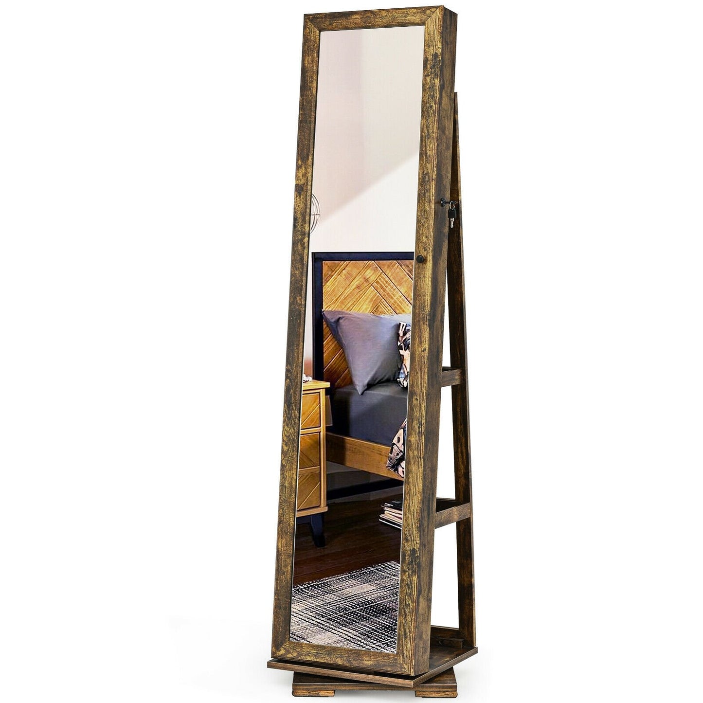 360° Rotatable Armoire 2-in-1 Lockable Mirrored Jewelry Cabinet, Rustic Brown Jewelry Armoires   at Gallery Canada