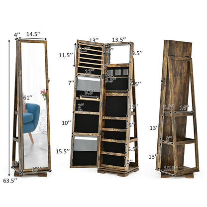 360° Rotatable Armoire 2-in-1 Lockable Mirrored Jewelry Cabinet, Rustic Brown Jewelry Armoires   at Gallery Canada