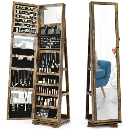 360° Rotatable Armoire 2-in-1 Lockable Mirrored Jewelry Cabinet, Rustic Brown Jewelry Armoires   at Gallery Canada