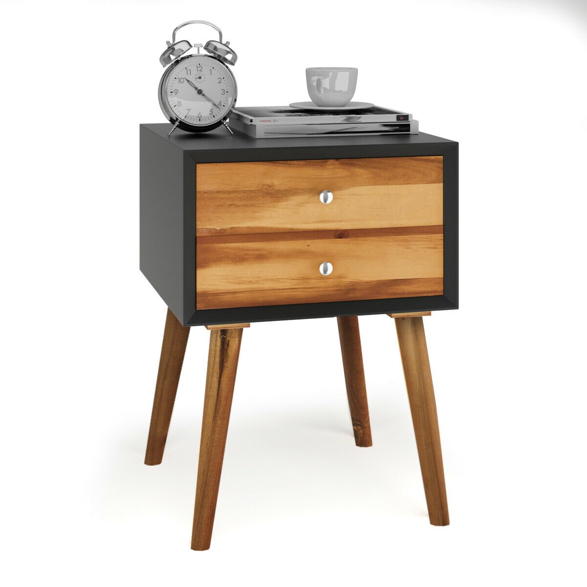 Mid-Century Wooden Multipurpose End Table with 2 Storage Drawers, Black Nightstands   at Gallery Canada